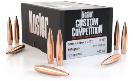 Пули NOSLER 6 MM. (.243") 105 GR. HPBT CUSTOM COMPETITION (100шт)  P/N 53614. В НАЛИЧИИ.