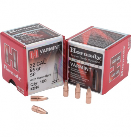 Пули HORNADY 22 CAL. (.224") 55 GR. SP with Cannelure (100шт) P/N 2266. В НАЛИЧИИ.