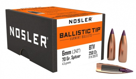 Пули NOSLER 6 ММ. (.243") 70 гр. BALISTIC TIP  (250шт) p\n 39570. В НАЛИЧИИ.